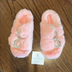 Pink Furry Slippers with Rhinestone Buckles